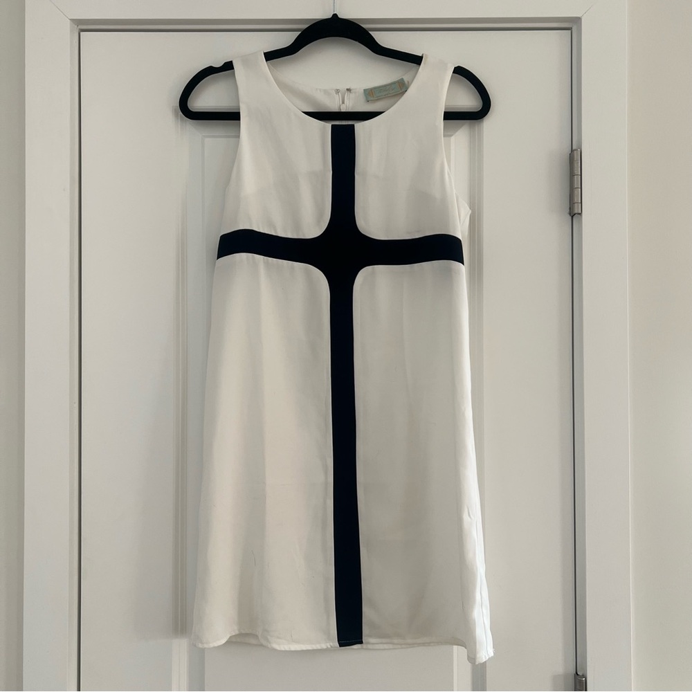 White Dress with Navy Cross Design